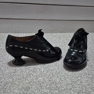 John Fluevog Black Patent Lace-Up Sculpted Heel Oxfords